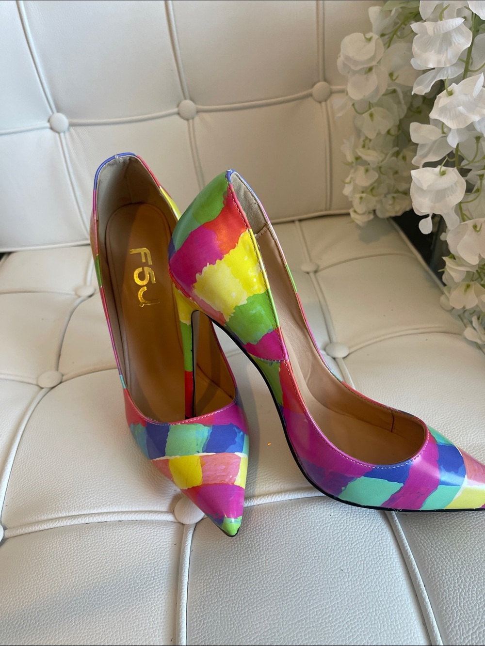 FSJ Multicolor Printed Court Shoes Pointed Toe Stiletto Heels Pumps